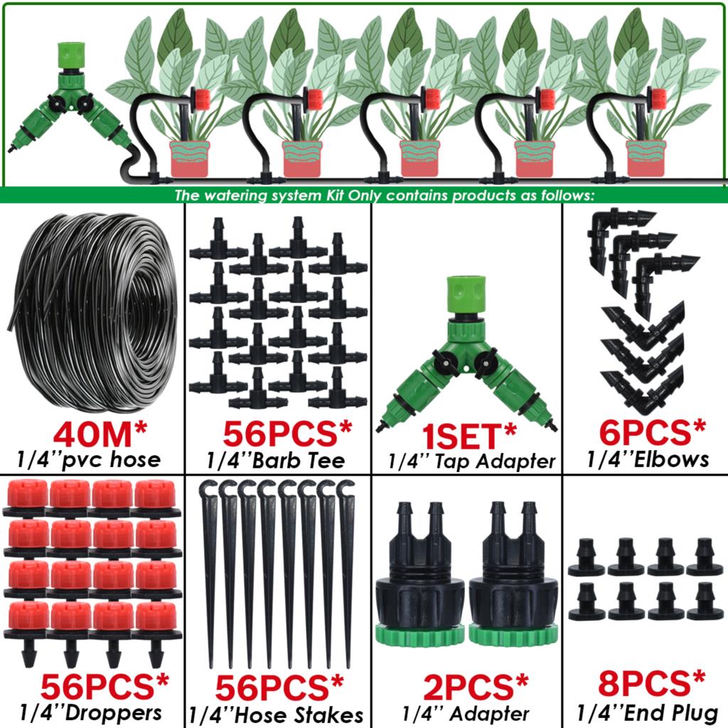Sprycle 5-50M Greenhouse Automatic Self Watering System Kit 4/7mm Garden Micro Drip Irrigation Dropper DIY for Pot Plants Lawn: green
