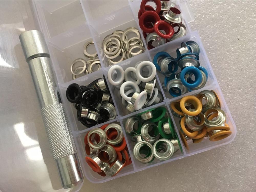 1 tool + 200pcs 8mm Scrapbook Eyelet Random Mixed Color Metal eyelets For Scrapbooking DIY embelishment garment clothes eyelets: 200sets w tool wbox