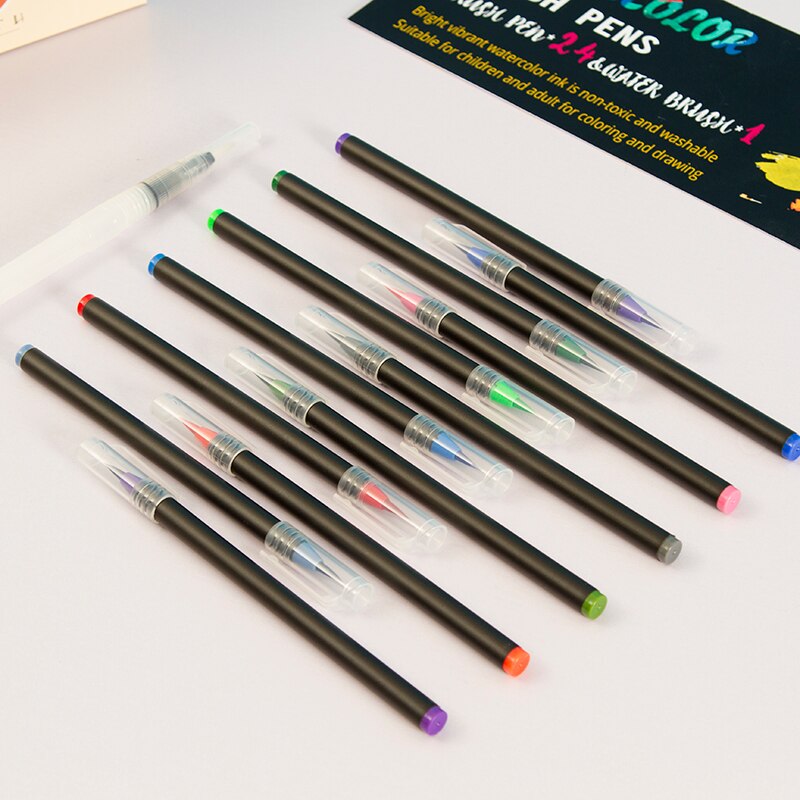Watercolor Brush Pens Set of 24 - Vibrant Markers with Flexible Nylon Brush Tip for Coloring Books, Calligraphy