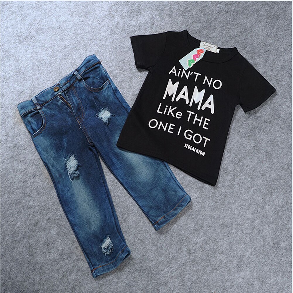 Nyfödda småbarn spädbarnskläder,coola kläder för pojkar, t-shirt för bebisar t-shirt + slitna jeans jeansbyxor kläder set: 5