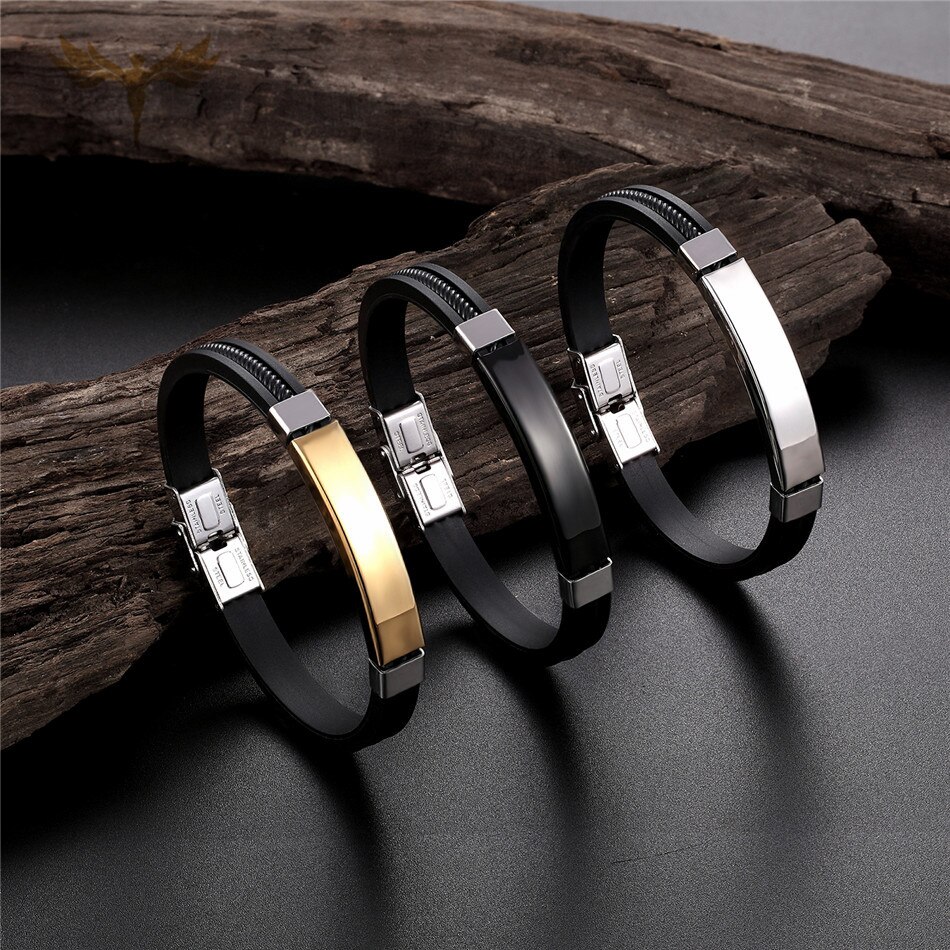 Nova Moda Homens de Aço Inoxidável Pulseira Do Punk preto de Borracha de Silicone Pulseiras Pulseiras com Cadeia pulseras hombre caucho