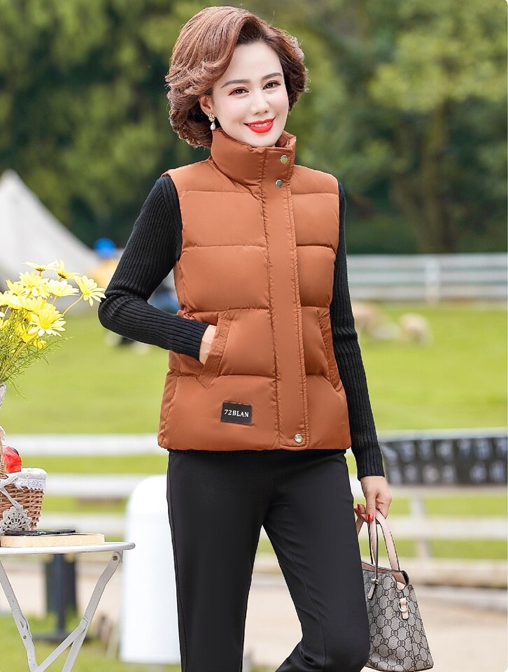Middle-aged and Elderly Women's Vest Autumn Winter Down Cotton Waistcoat Sleeveless Keep Warm Jacket Outwear Plus Size 5XL W96: caramel colour / 5XL