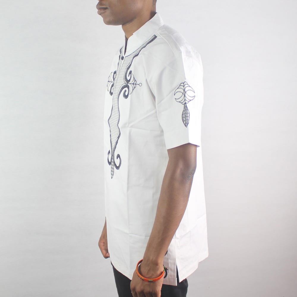 Weiß Glück Stickerei männer Ethnische Tops Kragen Kurzarm Muslimischen Shirts für Männliche Sommer Tragen Футболка мужская
