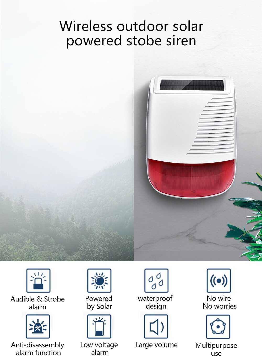 YUPA Wireless RF 433MHz Outdoor Solar Powered Strobe Light Siren Waterproof Flash Siren Can Be Used As An Alarm Host