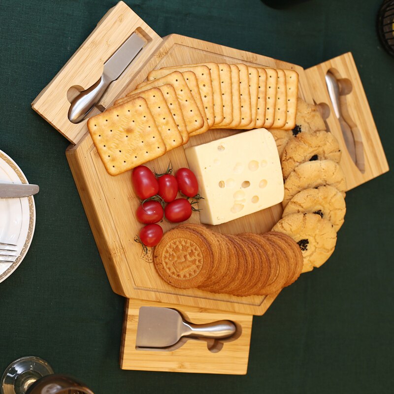 Natuurlijke Bamboe Kaasplank Bestek Mes Set Met Schuif Lade Houten Plaat 3 Kleine Snijden Messen Kaas Tool Set: 11