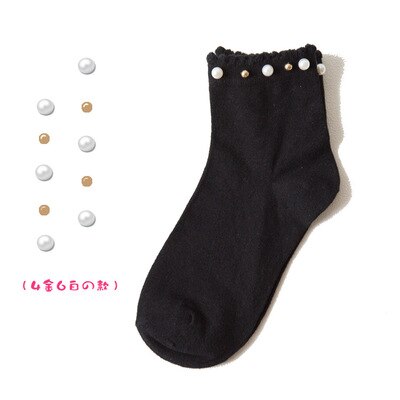 Black/White Korean Reto Pearl Socks Women Elastic Cotton Handmade Meias Socks Harajuku Calcetines Mujer: J