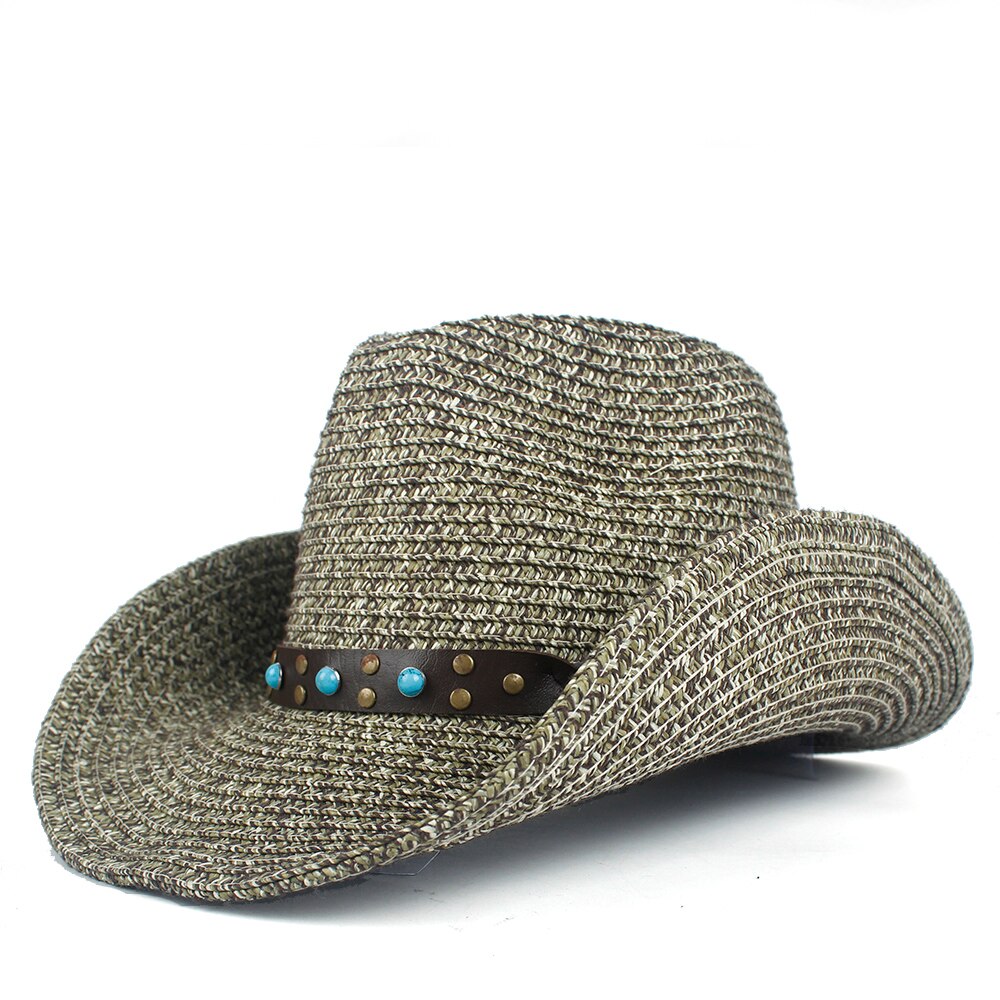 Halm hule vestlige cowboy hat kvinder mænd sommer halm sombrero hombre strand cowgirl jazz sol hat: Kaffe