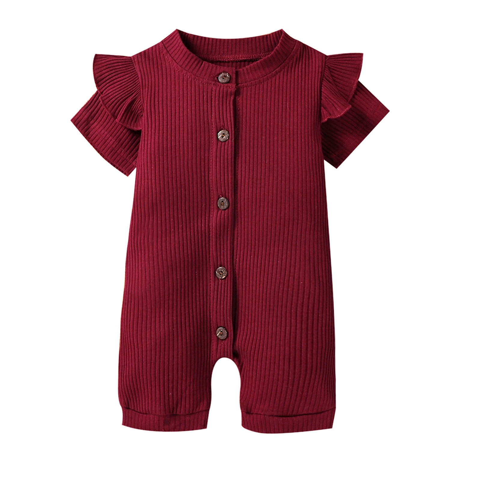 Combinaisons d'été pour tout-petits, barboteuses côtelées à manches courtes et col rond de couleur unie pour bébés filles de 0 à 18 mois: Rouge / 6M