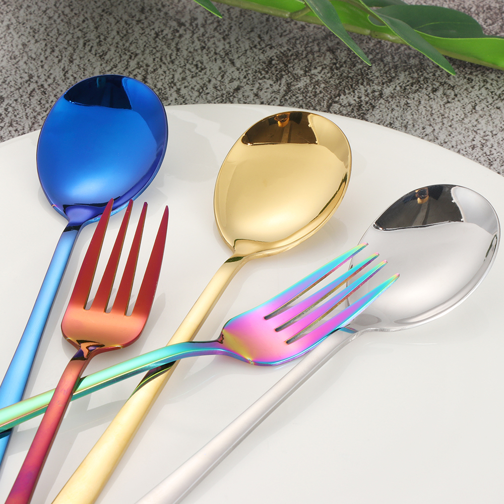 Cuillères et fourchettes à Long manche | Couleur arc-en-ciel en acier inoxydable, cuillère à soupe cuillère glaces thé cuillère à café vaisselle de table, couverts de maison
