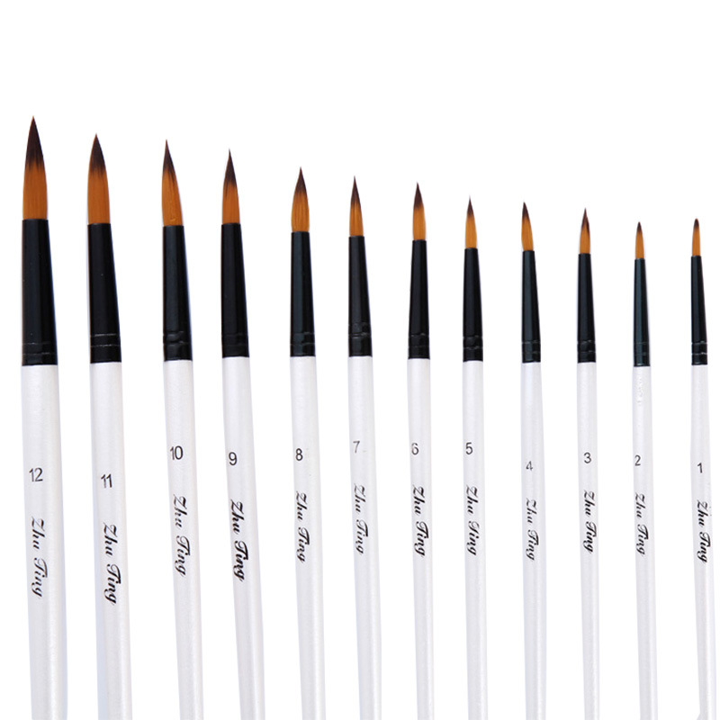 12 Stuks Nylon Haar Shell Wit Houten Handvat Aquarel Penseel Pen Set Voor Leren Diy Olie Acryl Schilderen Borstels levert