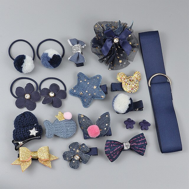 Conjunto con rizador de pelo para niña, accesorios bonitos para el pelo sombreros de niña, lazo de flores, horquillas animales, banda para el pelo, tocado elástico de dibujos animados, , 18 piezas: 18pcs-7 Navy