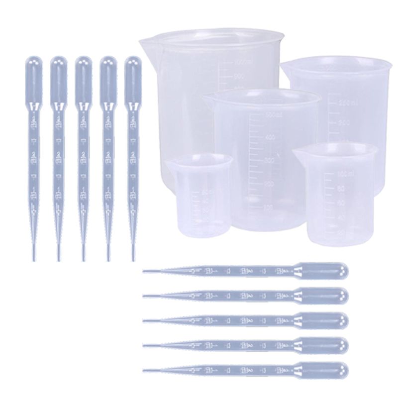 5 maten Plastic Bekers Maatbekers Set (50, 100, 250, 500, 1000 ML) en 20 Pack Clear 3ml Afgestudeerd Transferpipetten