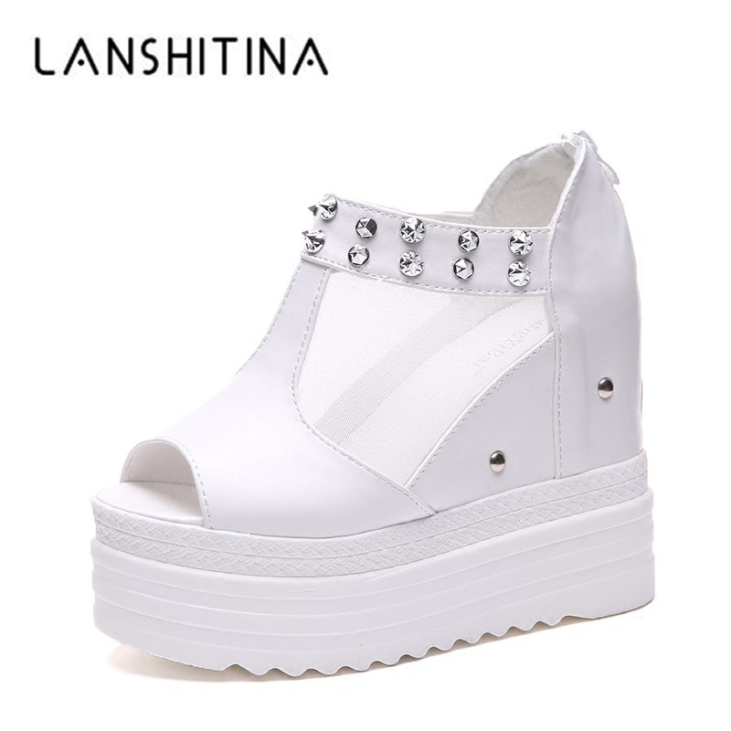 Platform Peep Toe Women Shoes Rivet Sandals T-strap High Heels Wedge Casual Shoes Summer Leather Gladiator Sandals