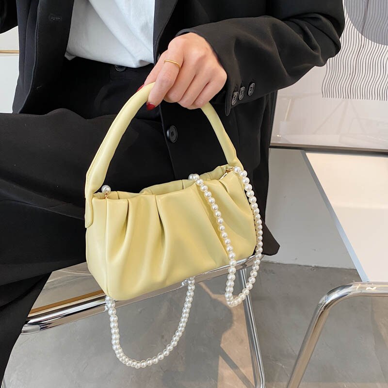 Soft Leather Crossbody Bags for Women Simple Ladies Brand Trend Beading Chain Shoulder Handbags and Purses Female Tote