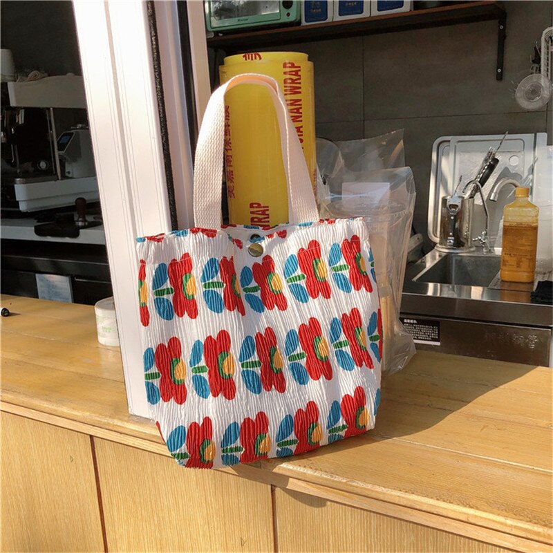 Mini bolsa de tela fresca portátil para mujer, bolso de mano con estampado de arrugas, enfriador térmico aislado, Bento, fiambrera, Tote, almacenamiento de Picnic: Azul