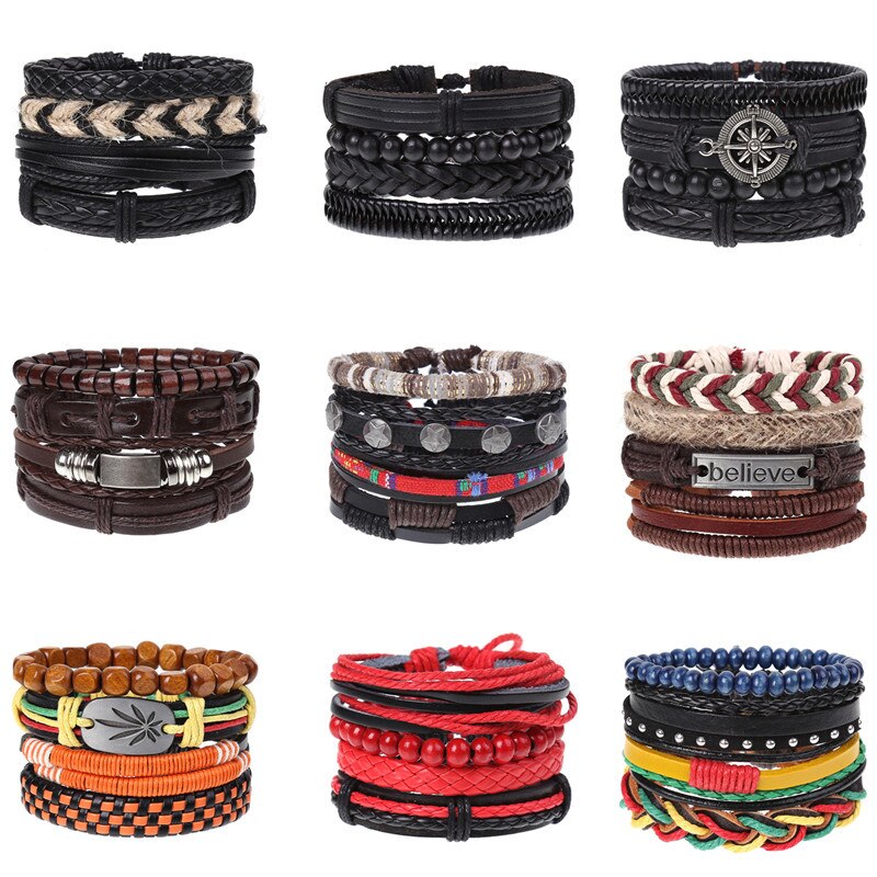 Pulseira de couro trançado 4 pçs/set, pulseiras para homens e mulheres, vintage, contas de madeira, cruz, étnica, esperança