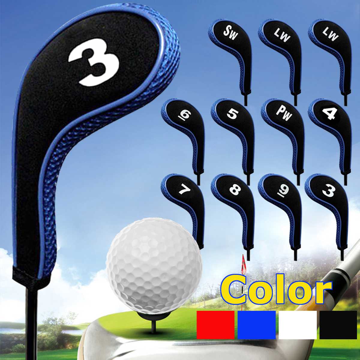 12Pcs/set Golf Clubs Iron Head Covers Headcovers with Zipper Long Neck 4 Color