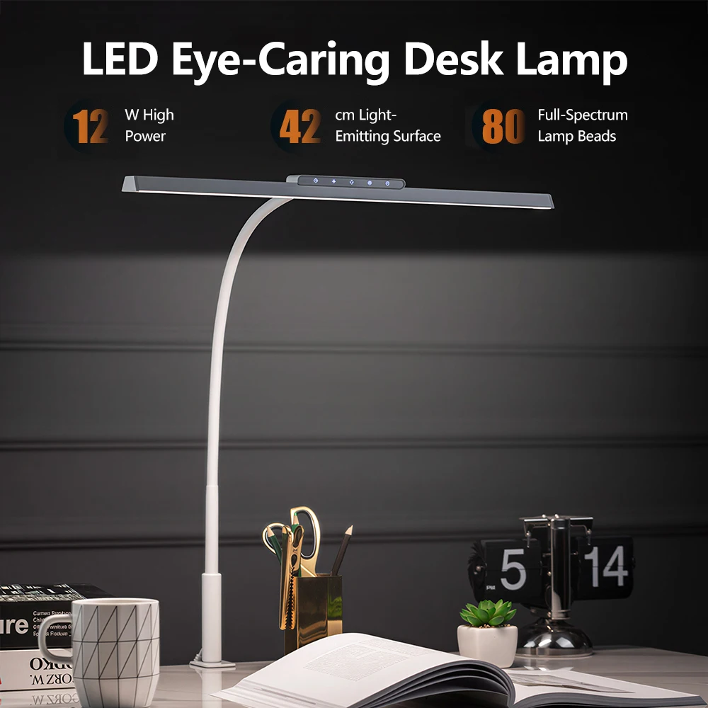 Led bureaulamp met één kop, aanraakbediening, volledig spectrum, oogvriendelijk 80 12w led's,  ra95 no blauwlichtflikkering, traploos dimmen.