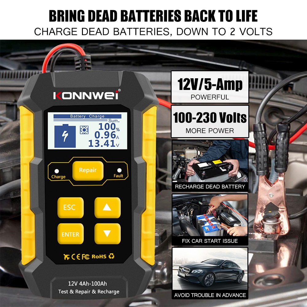 KONNWEI KW510 Car Battery Tester Charger Analyzer Battery Charger 12v Wet Dry Lead Acid Battery Automatic Car Diagnostic Tool