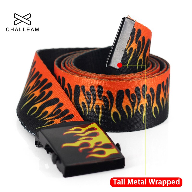 Ceinture longue imprimée flamme pour hommes et femmes, unisexe, en toile unie, , Jeans, sangle à boucle métallique, 130cm, 379