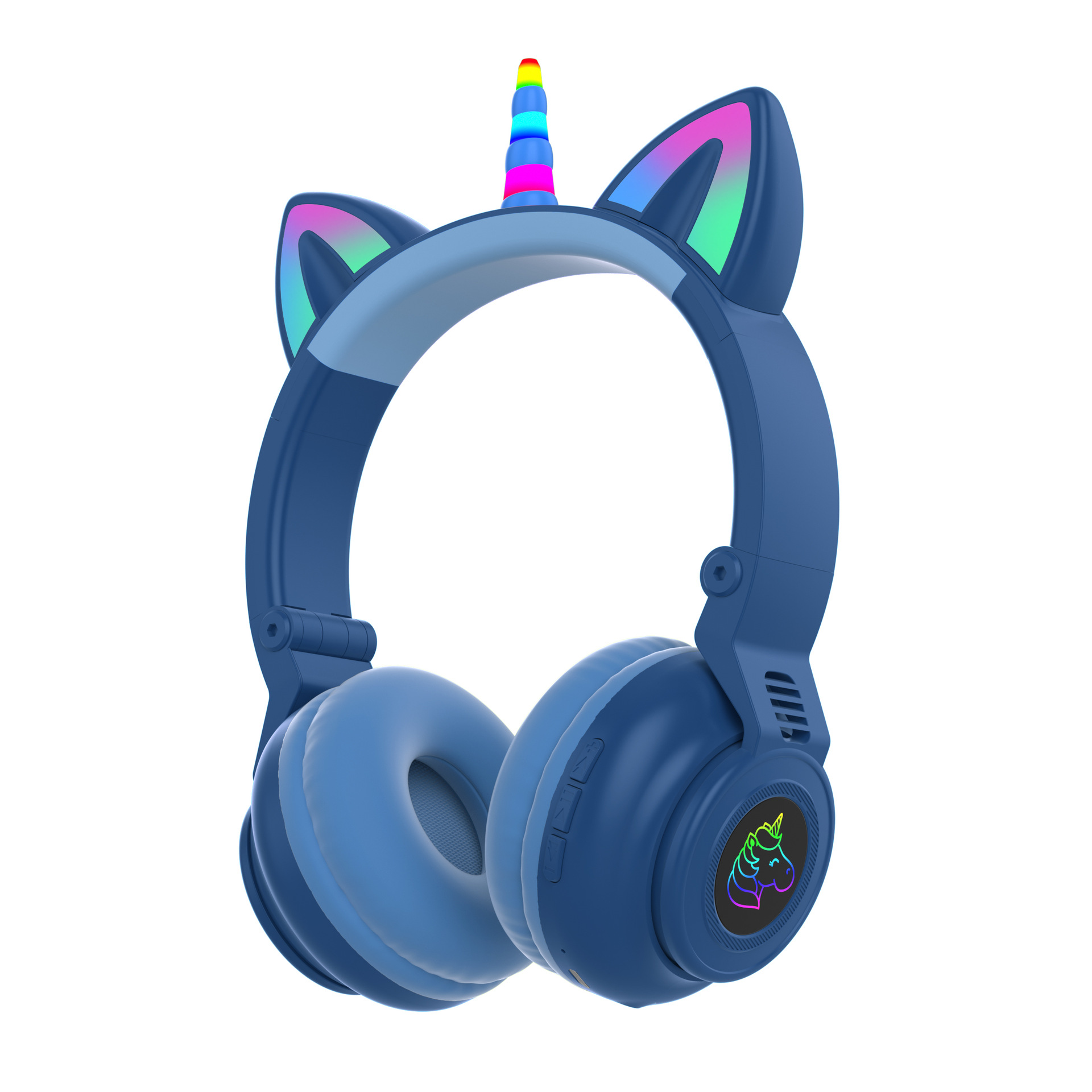 Söta enhörning trådlösa hörlurar med mikrofoner, styr rgb ljus barn tjejer musik stereo hjälm mobiltelefon headset: Blå