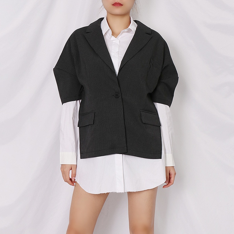 SuperAen de otoño , Chaqueta de algodón a rayas blancas y negras de retazos de colores contrastantes, blusa de mujer: L
