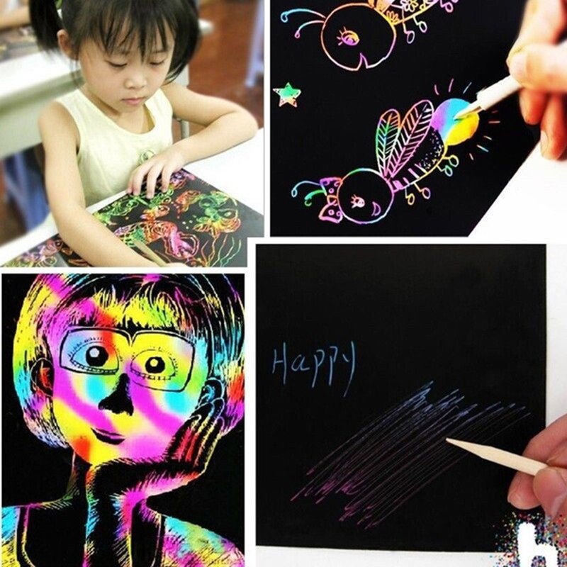 10 Vellen 16K Kleurrijke Magic Scratch Art Schilderen Papier Met Tekening Stok Voor Jongens Meisjes Zwart