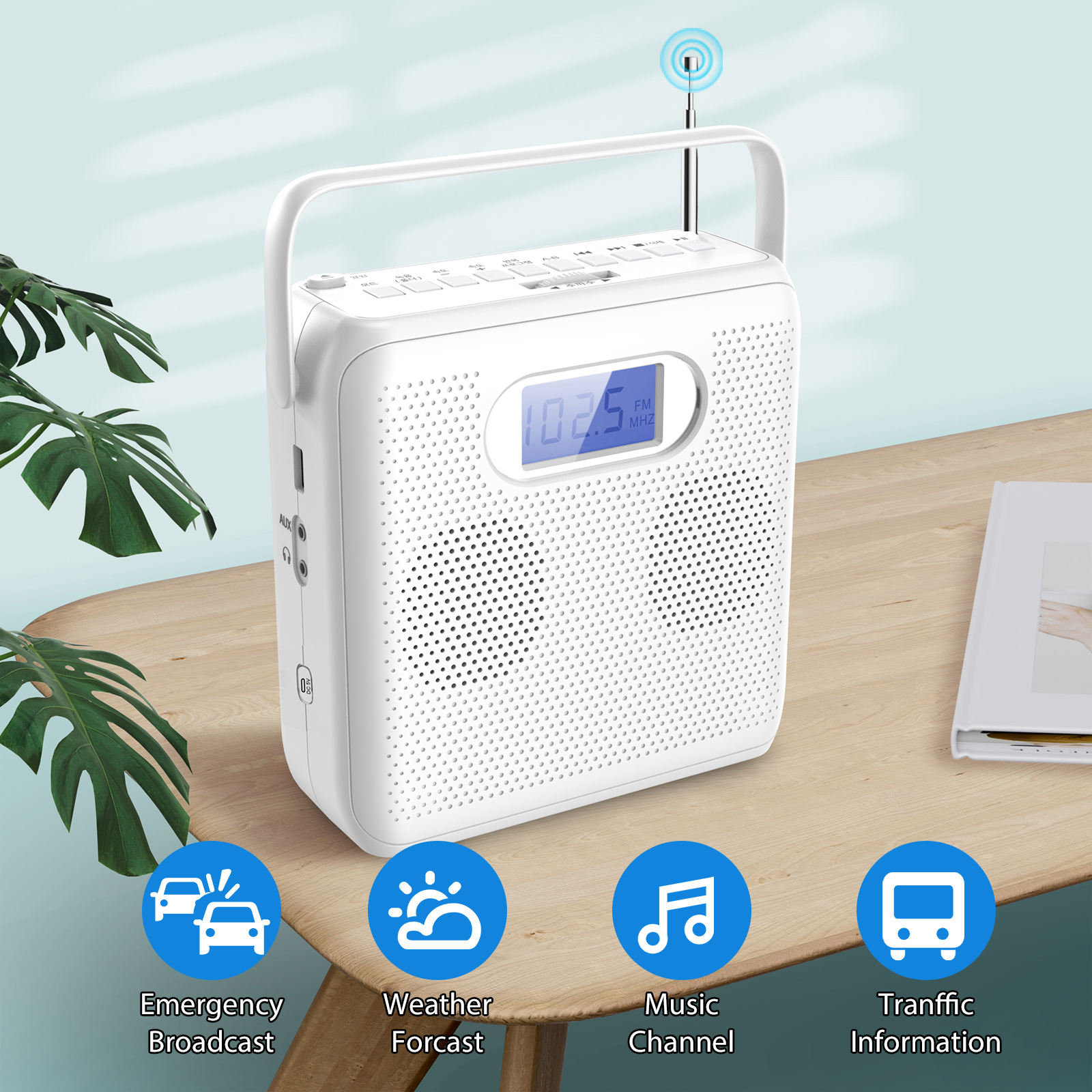 Leitor de CD portátil Bluetooth com alto-falantes USB/MP3 e rádio FM design vertical com DC 5V e bateria