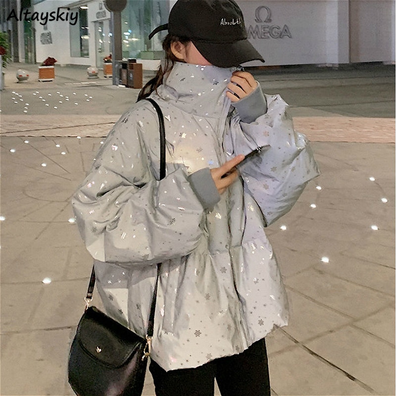Kort stil parkaer trendy blank sølv chic vinter dame outwear harajuku studerende oversize jakker match streetwear 5xl