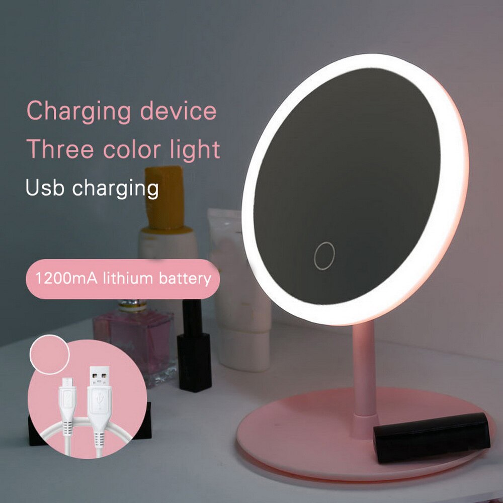 Make-Up Spiegel Led Touch Screen Spiegel Staande Spiegels Tafel Spiegels Vanity Miroir Cosmetische Spiegel Met Verlichting Make Up Miroir: Round USB charging