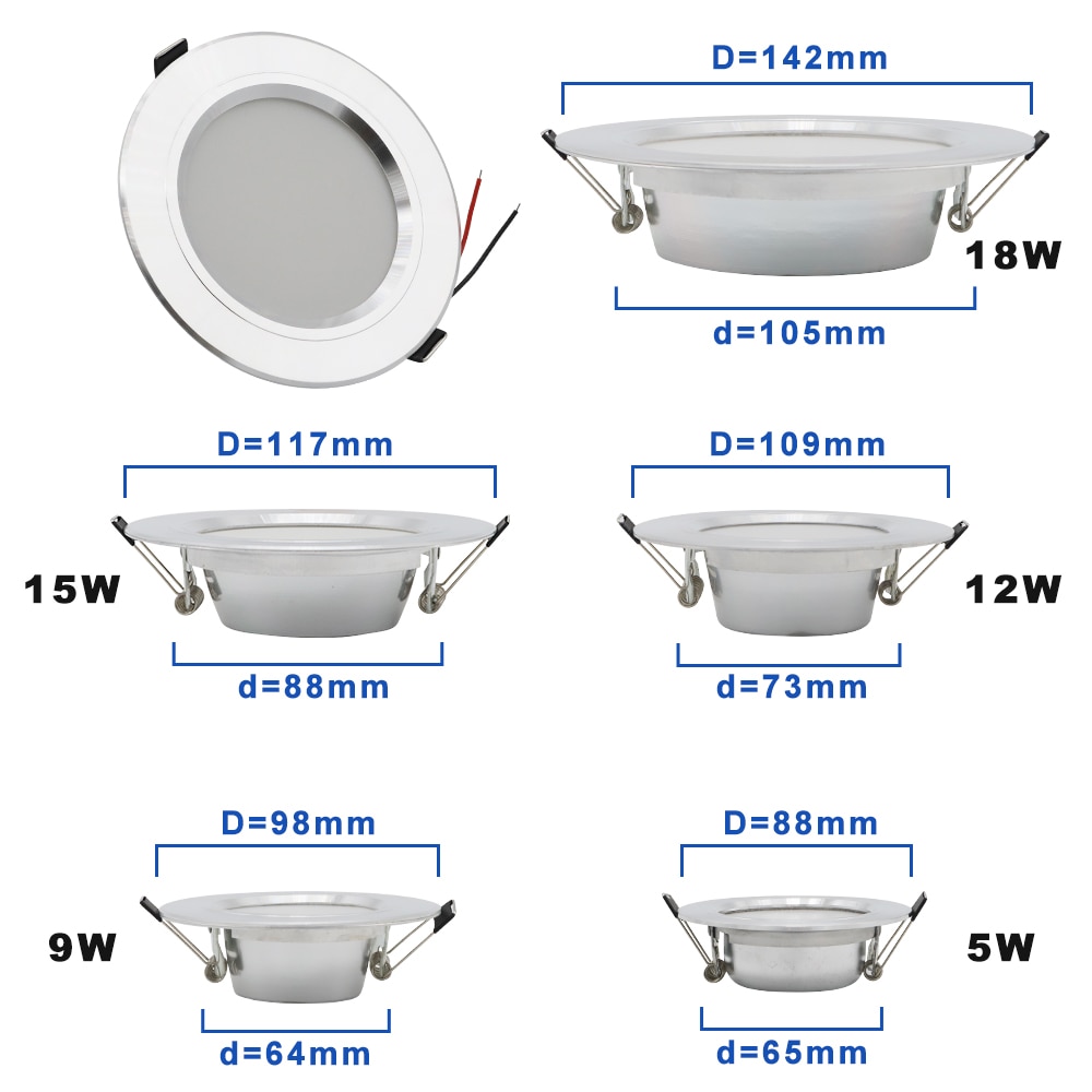 AC 220V LED Downlight Gouden Zilveren Plafondlamp Ronde Verzonken 5W 9W 12W 15W 18W Led Lamp Wit/Warm wit LED Down Lamp