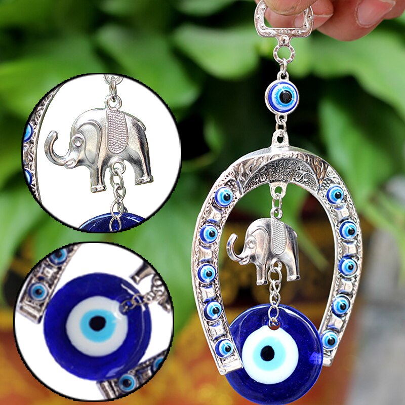 Herradura de ojo de caballo azul turco de 13x6,5 cm, amuleto colgante de pared con elefante y cinta, colgantes étnicos de la suerte, decoraciones para el hogar