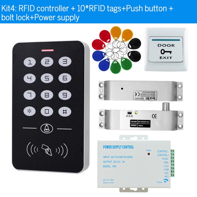 Toegangscontrole Systeem Kit 125Khz Rfid Tags Access Controller Keypad + Voeding + Sloten + Drukknop Voor deur Entry Security: T20 kit4