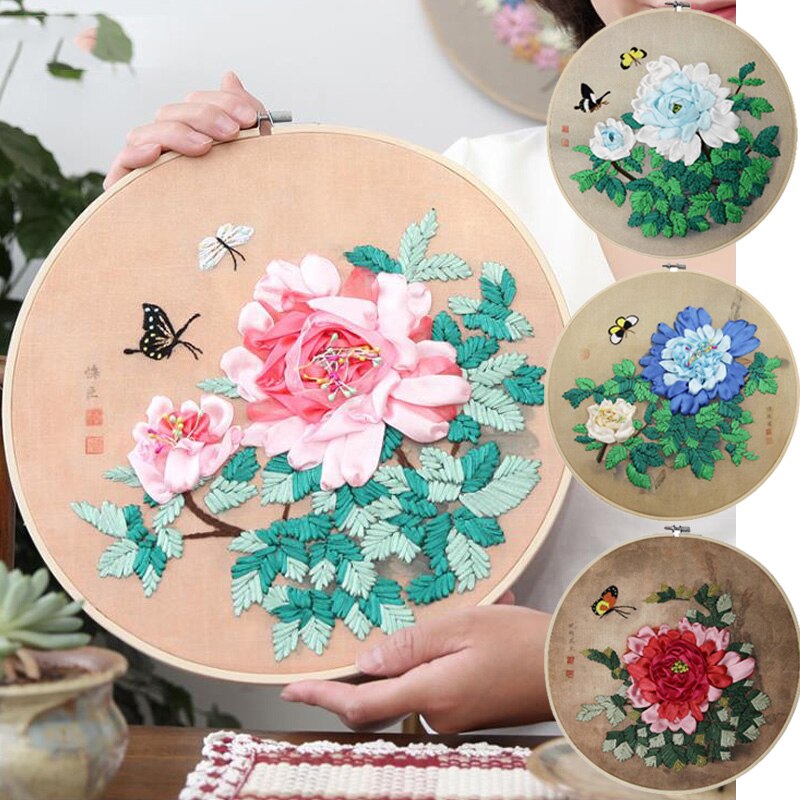 Romántico flor y mariposa sentimientos 3d Kit de punto de cruz sin terminar costura cinta bordado pintura decoración del hogar