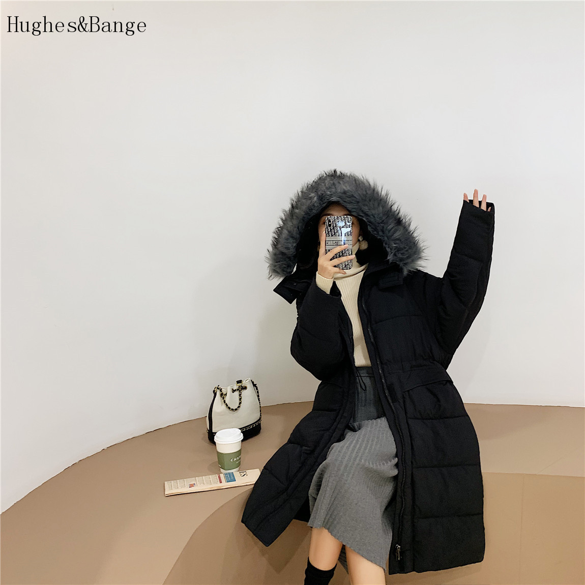 Autumn Women Female ultra Light Slim Thin Zipper Warm Feather Long Coat Good Qualit Hooded big fur collar chic down jacket