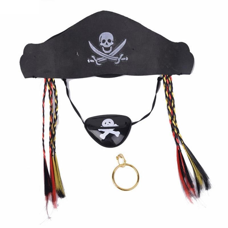 Halloween karneval barn pirat leke rekvisitter sett festrekvisita med hatt øyemaske og ring late som leke leker svart farge: Default Title