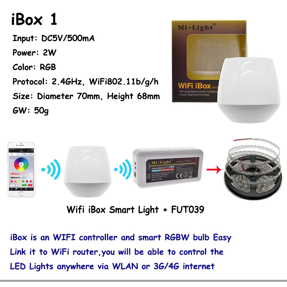 Mi Light Full Color LED Controller RF 2.4G / Wifi Remote Control DC12-24V for RGB+CW+WW LED Strip