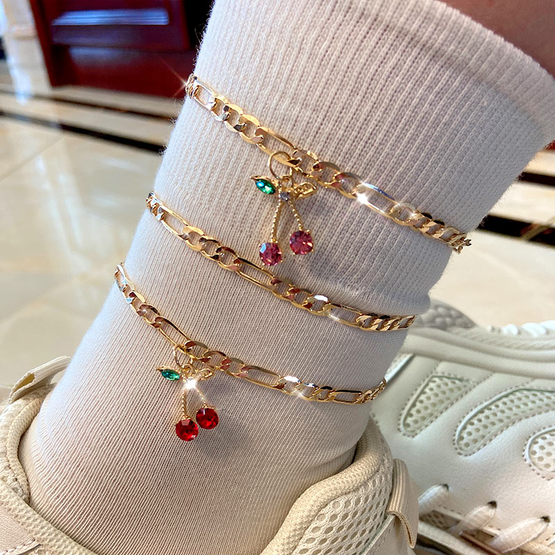 Bare føl 2 stk/sæt søde kirsebær ankelkæder armbånd til kvinder multicolor krystal ankellænke sommer til fods barfodet sandaler smykker