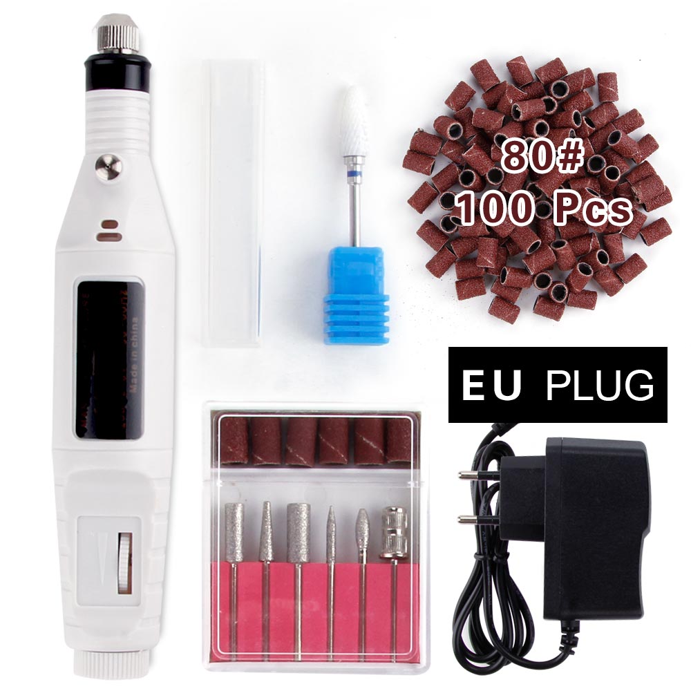 1 sæt power elektrisk manicure maskine keramisk skærer neglebor sæt fræsere pedicure apparat fil: Hvidt sæt 80