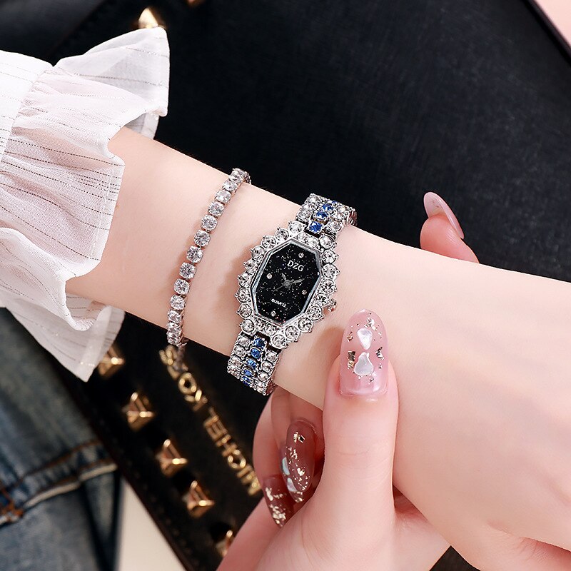 Dameur armbånd firkantet ur fuld diamant dameur casual starry sky watch: Sølvblå