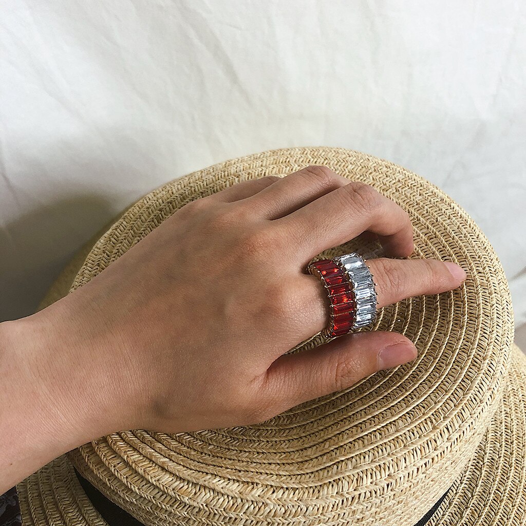 Anillo exquisito con tachuelas para mujer, piedra geométrica del arco iris, de joyería de boda, Anillos de Anel Anillos de la Alianza # jink