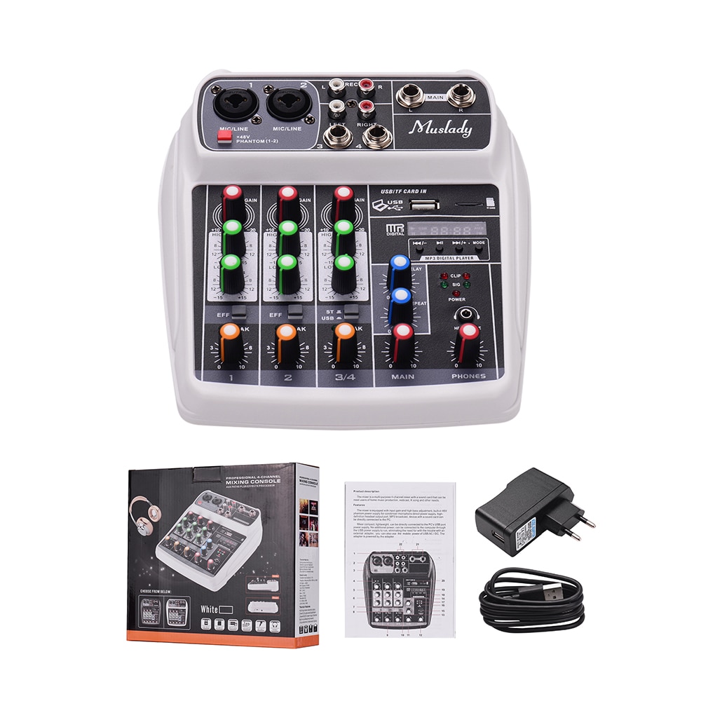 Mixing Console Digital Audio Mixer 4-Channel BT MP3 USB Input 48V Phantom Power for Recording DJ Network Live Broadcast Karaoke: White EU PLUG