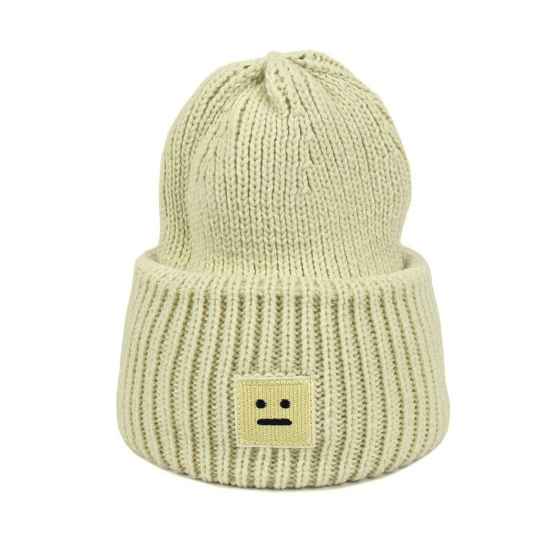 Vinter kvinner strikke lue lue uformell tykk ensfarget varm lue smilende ansiktsmønster strikket hiphop lue mann kvinne: Beige