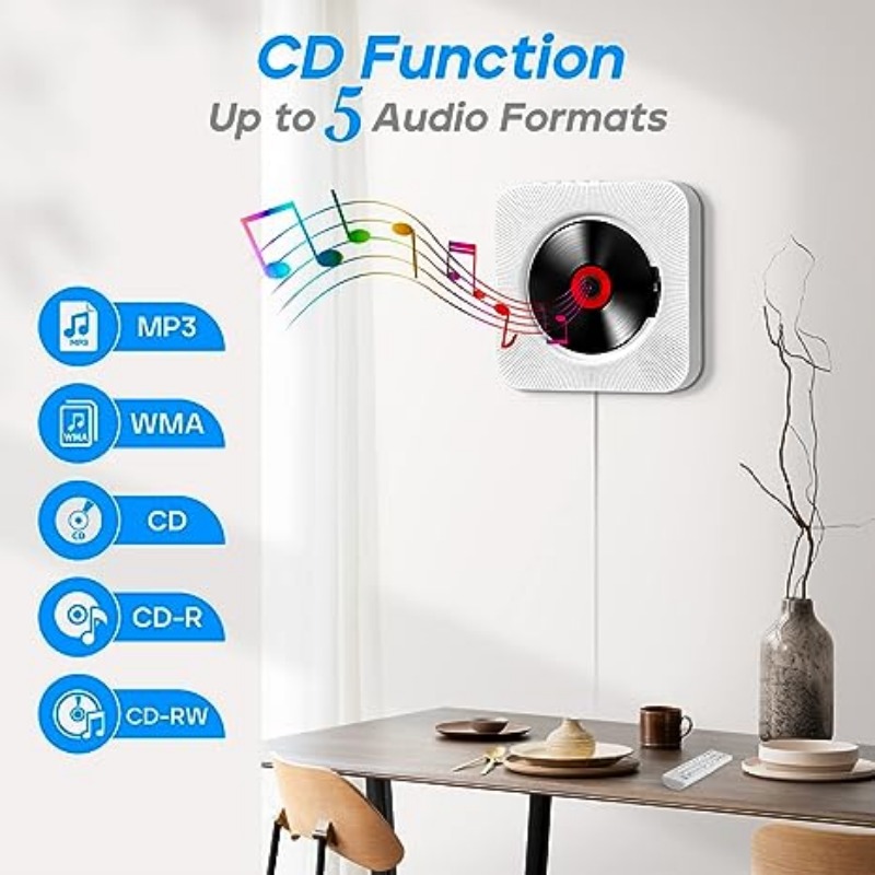 Qoosea Wall Mounted CD Player with LCD Screen, Home Infrared Remote Control, Support for CD/Bluetooth Speaker/FM Radio/USB Drive