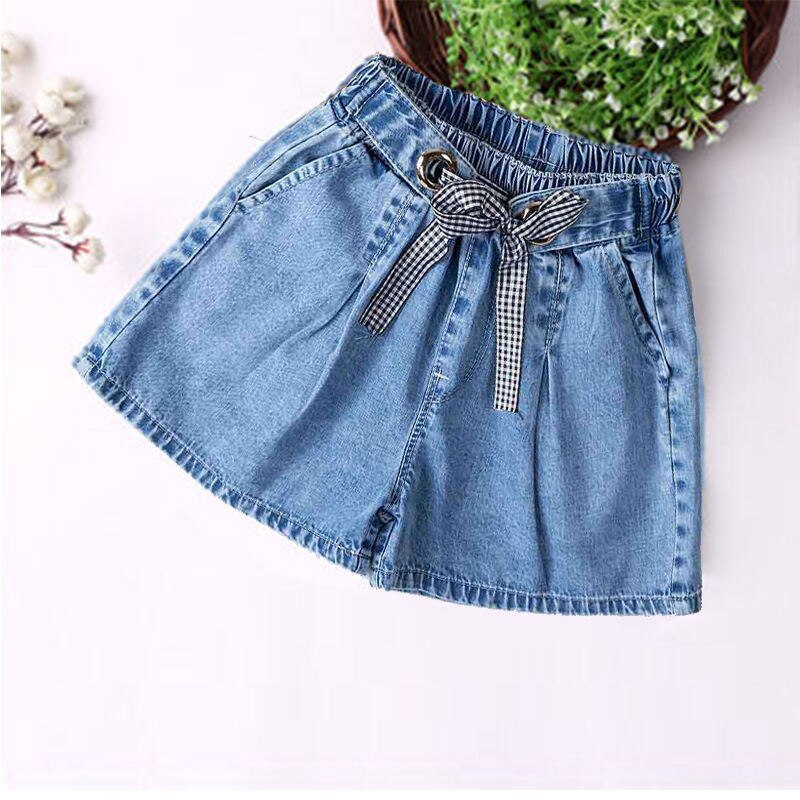 Pantaloncini per bambina Jeans pantaloni estivi in tinta unita per bambini coreani adolescenti pantaloncini elastici in vita abiti blu per adolescenti: Jeans Shorts B / 12