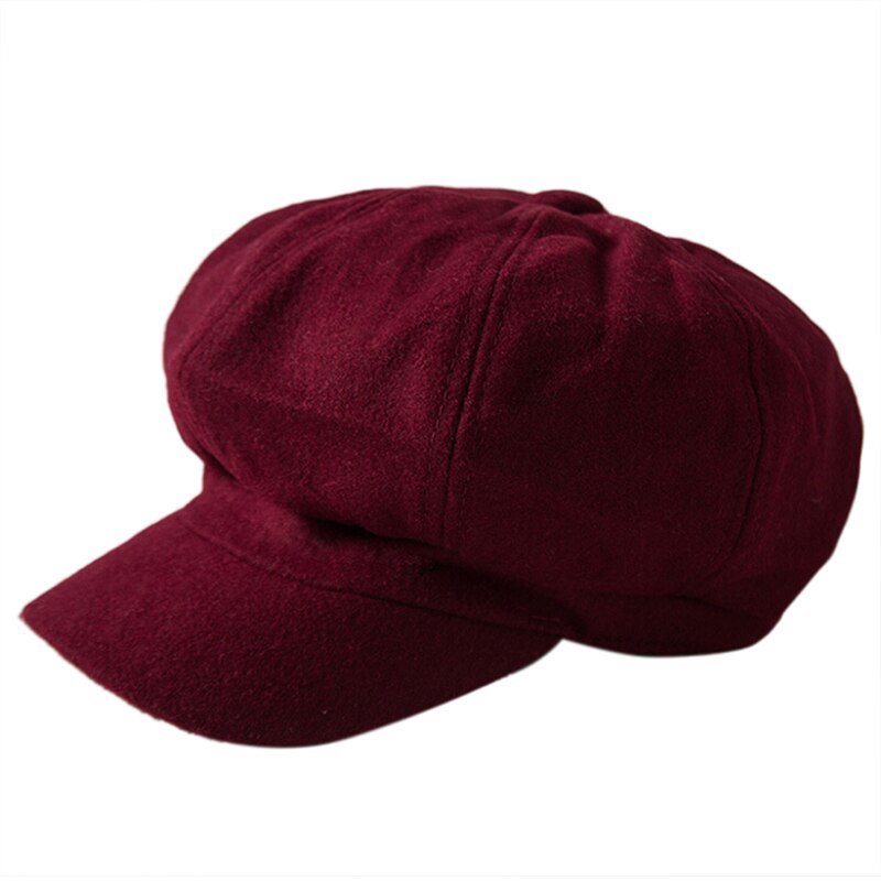 1PC Wool Blend Baker Boy Peaked Cap Belet Newsboy Hat With Elastic Band: Wine red