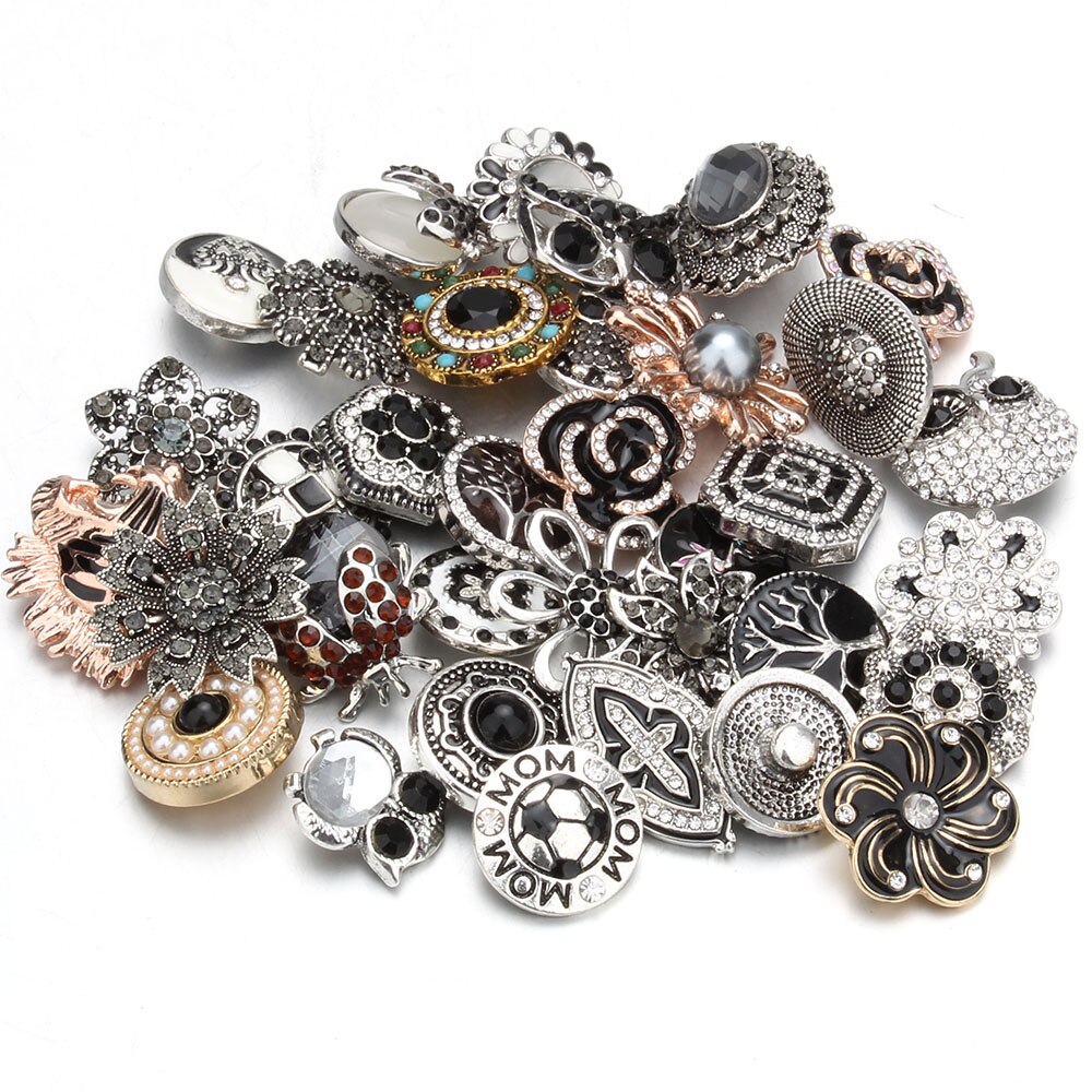 10 pz/lotto all'ingrosso Snap gioielli MIX metallo scatta strass fiore 18mm bottoni a pressione misura in pelle Snap braccialetto del braccialetto: gold-silver (Black)