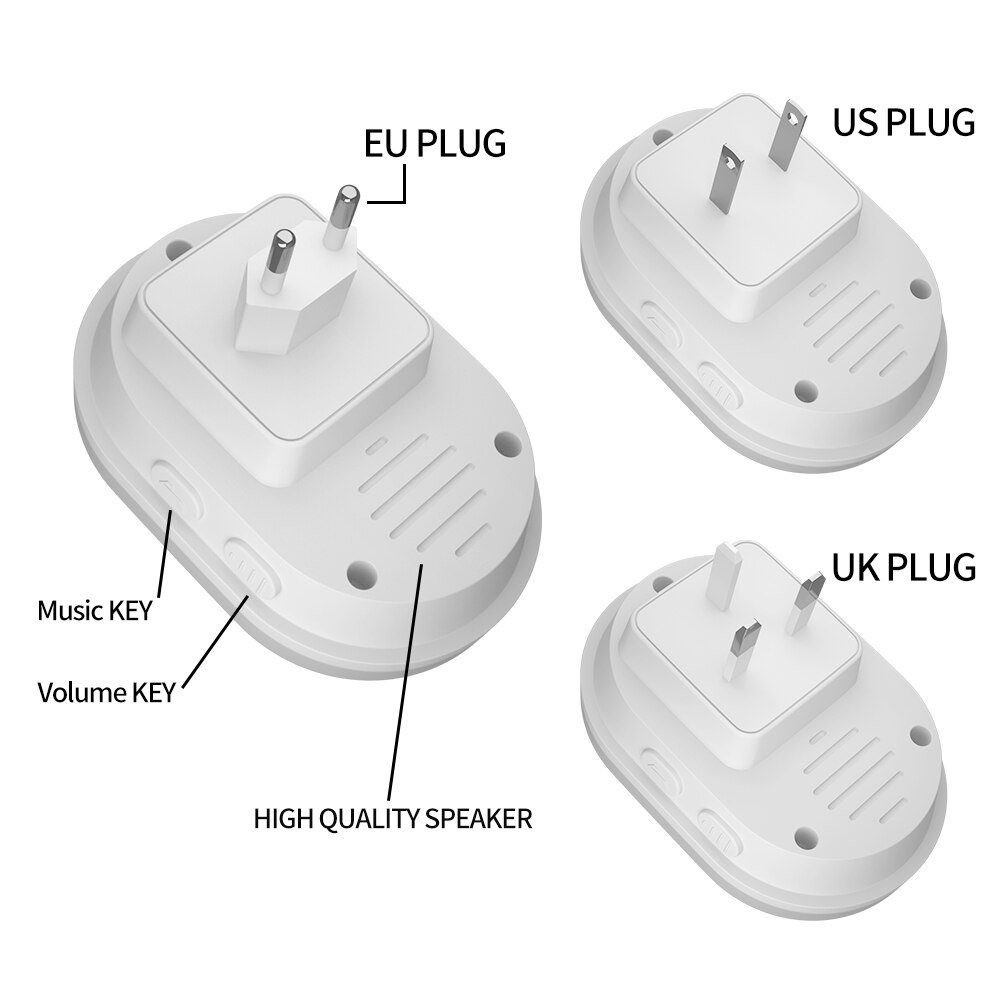 Självdriven trådlös dörrklocka inget batteri krävs vattentät 2 knappar 2 mottagare us eu uk plug smart hem ringklocka ring