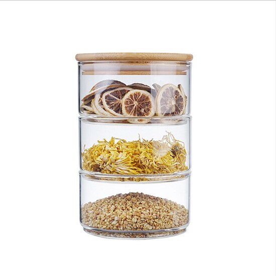 Tre våningar förvaring glasburk med lock minimalistisk godis mat glas förvaring behållare kök arrangör hem: Träöverdrag 3 burkar