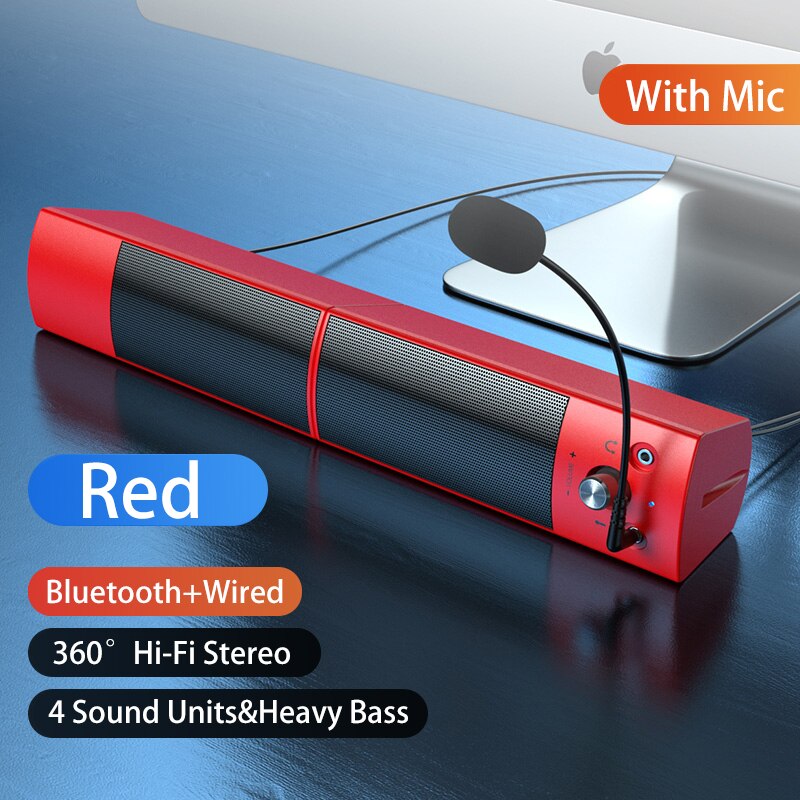 Computer Speakers Detachable Bluetooth Speaker Bar Surround Sound Subwoofer For Computer PC Laptop USB Wired Dual Music Player: Red bluetooth mic